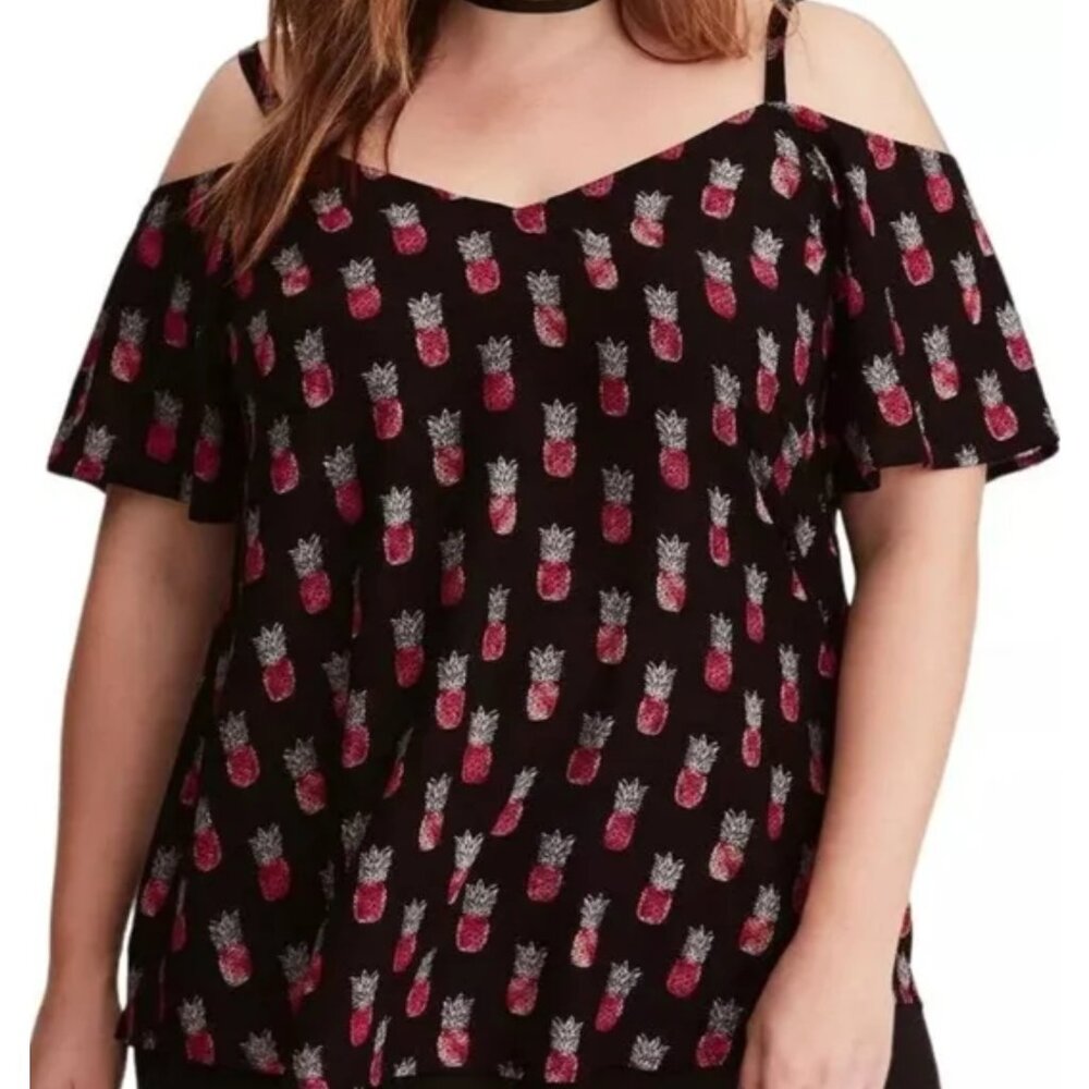Torrid Pineapple Print Cold Shoulder Short Sleeve Blouse - Picture 6 of 6
